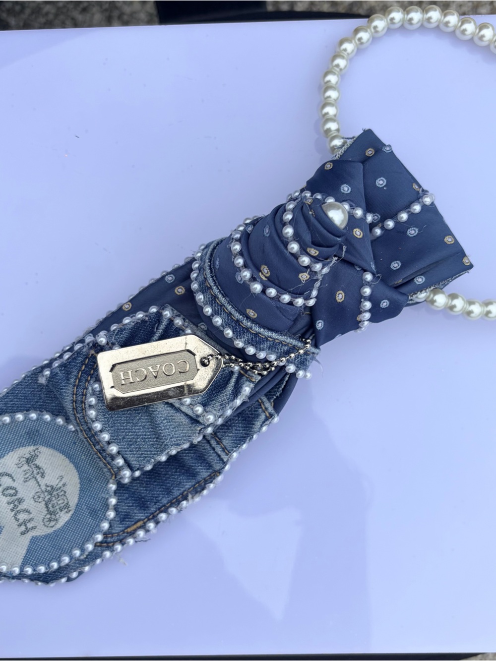 Coach Navy Pearl-Trim Bow Headband with Signature Tag